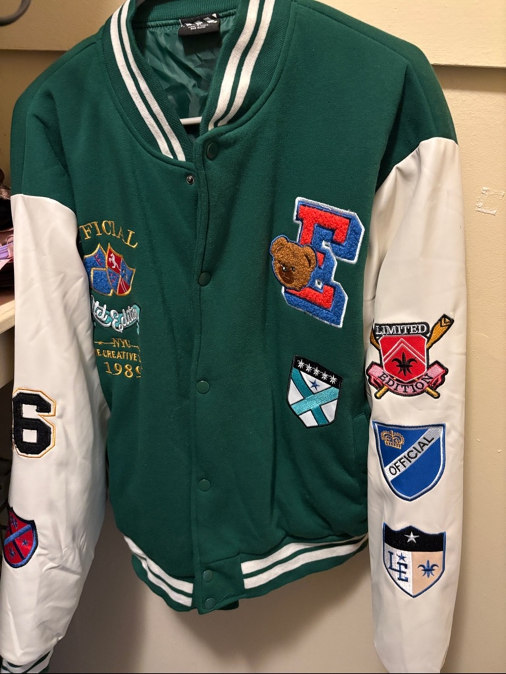 Green & White Kids Varsity Jacket with Embroidered Patches